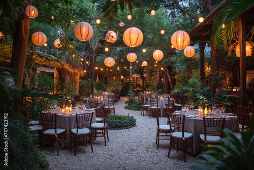 An elegant outdoor wedding reception setup with tables, floral centerpieces, and guests enjoying the golden sunset... photo