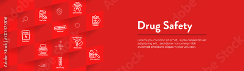 Pharmaceuticals and medications icon set with web header banner for FDA Approval