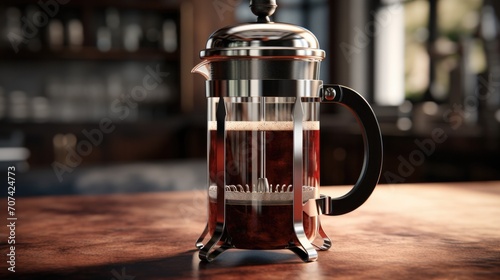 classic French press coffee maker, emphasizing its glass and metal components generative ai