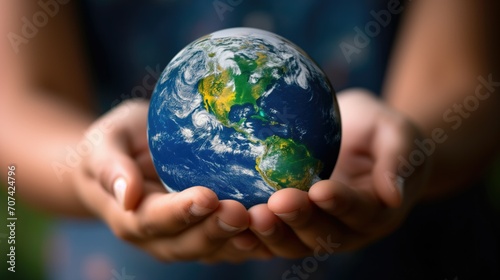 Close-up of two hands gently cradling a vibrant depiction of Earth, symbolizing care and responsibility for our planet