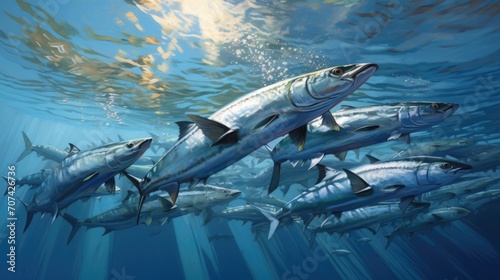 Highly detailed portrayal of a school of silver mackerel shimmering in the sunlight generative ai