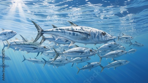 Highly detailed portrayal of a school of silver mackerel shimmering in the sunlight generative ai