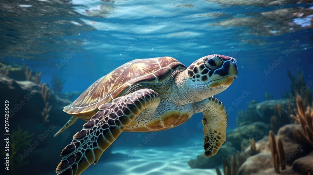Fototapeta premium Intricate depiction of a sea turtle gliding gracefully through crystal-clear waters generative ai