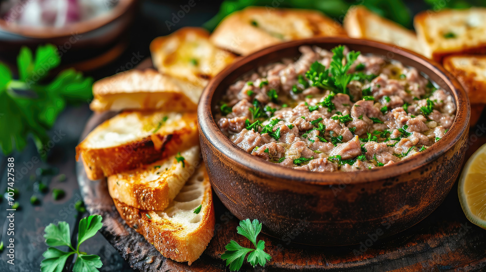 Delicious appetizer tapas turkey liver pate and crispy grilled bread on a dark background top view
Delicious appetizer tapas turkey liver pate and crispy grilled bread on a dark background top view