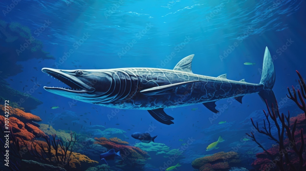 Intricate rendering of a sleek barracuda patrolling the edges of a coral reef generative ai Intricate rendering of a sleek barracuda patrolling the edges of a coral reef generative ai