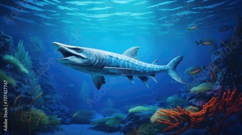 Intricate rendering of a sleek barracuda patrolling the edges of a coral reef generative ai