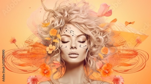 A contemplative woman's face surrounded by nature's elements and musical symbols, suggesting a peaceful, artistic reverie, orange pink background 