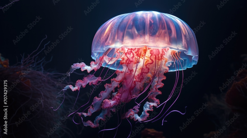 fascinating jellyfish pulsing in the dark depths. generative ai