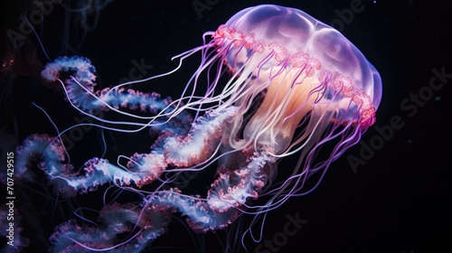 fascinating jellyfish pulsing in the dark depths. generative ai © Francheska