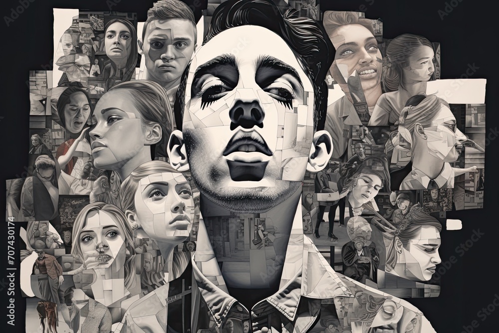 Intricate black and white collage of diverse human expressions and urban life, creating a compelling abstract portrait.
