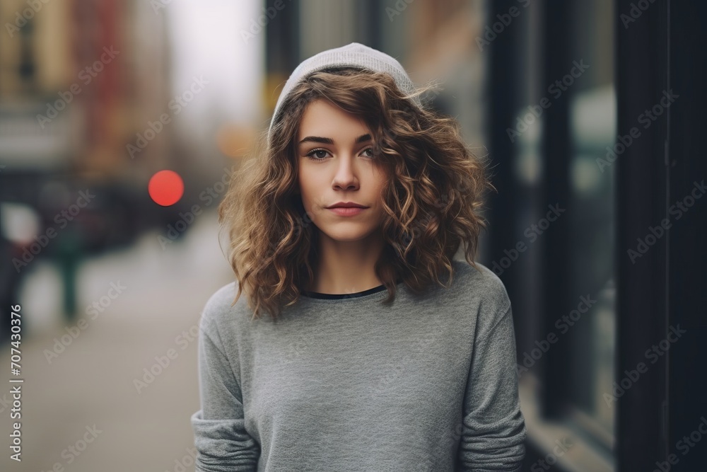 Portrait of a beautiful young woman with curly hair in the city Portrait of a beautiful young woman with curly hair in the city