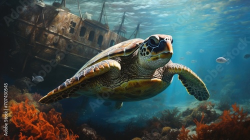 wise old sea turtle gliding between ancient shipwrecks generative ai © Francheska