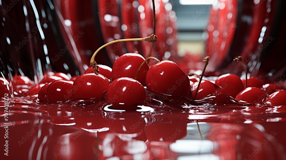 Obraz Cranberries bouncing on a vibrant red surface, creating ripples