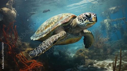 wise old sea turtle gliding between ancient shipwrecks generative ai © Francheska
