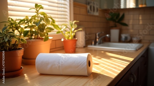 A paper towel roll on a counter in the sunlight.  photo