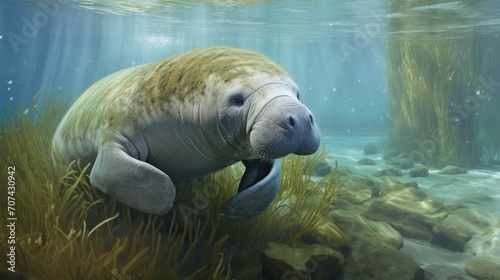 Lifelike rendering of a gentle manatee peacefully grazing on seagrass generative ai