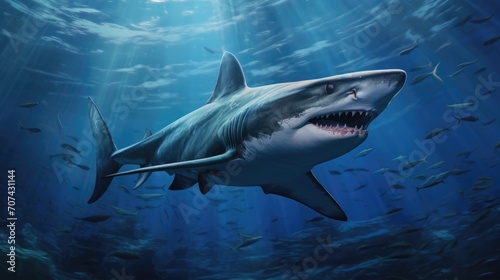 Realistic illustration of a hammerhead shark patrolling the depths of the ocean generative ai
