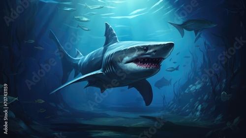 Realistic illustration of a hammerhead shark patrolling the depths of the ocean generative ai