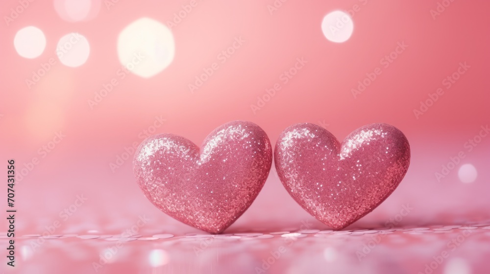 Two glittering hearts on pink background with soft bokeh. Valentine's Day celebration