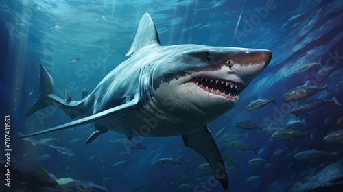 Realistic illustration of a hammerhead shark patrolling the depths of the ocean generative ai © Francheska