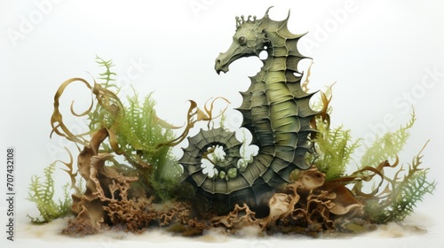 Realistic illustration of a regal seahorse clinging to a piece of floating seaweed generative ai