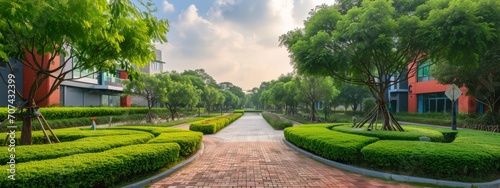 a modern glass campus buildings with a lot of green plants trees and bushes for the futuristic business architecture environment. ecology co2 footprint reduction. web design panorama wide 8:3