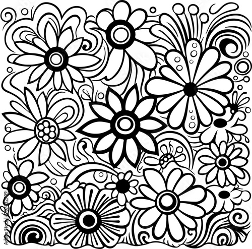 Doodle floral drawing. Art therapy coloring page