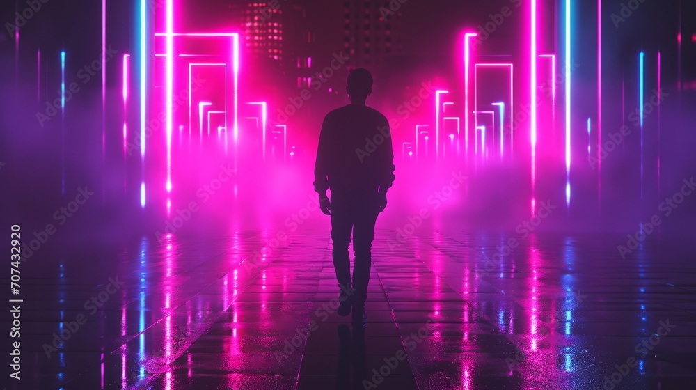 a young man person walks in alley a synthwave sci-fi cyberpunk futuristic city with skyscrapers buildings in neon pink and purple colors. wallpaper background 16:9 a young man person walks in alley a synthwave sci-fi cyberpunk futuristic city with skyscrapers buildings in neon pink and purple colors. wallpaper background 16:9