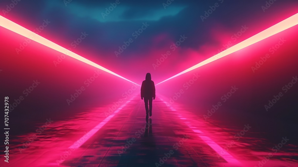 a young woman person walks in alley a synthwave sci-fi cyberpunk futuristic city with skyscrapers buildings in neon pink and purple colors. wallpaper background 16:9 a young woman person walks in alley a synthwave sci-fi cyberpunk futuristic city with skyscrapers buildings in neon pink and purple colors. wallpaper background 16:9
