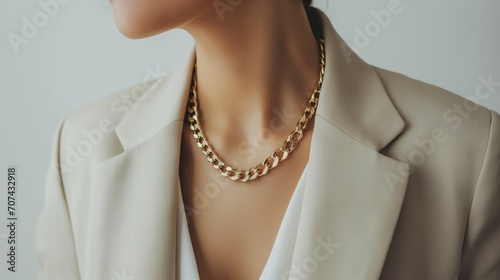 Close up woman in light beige suit wearing golden chain necklace.