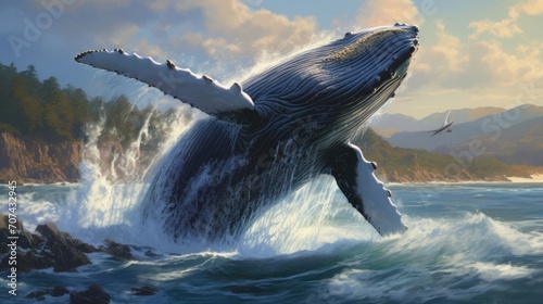 Realistic portrayal of a majestic humpback whale breaching the ocean's surface generative ai