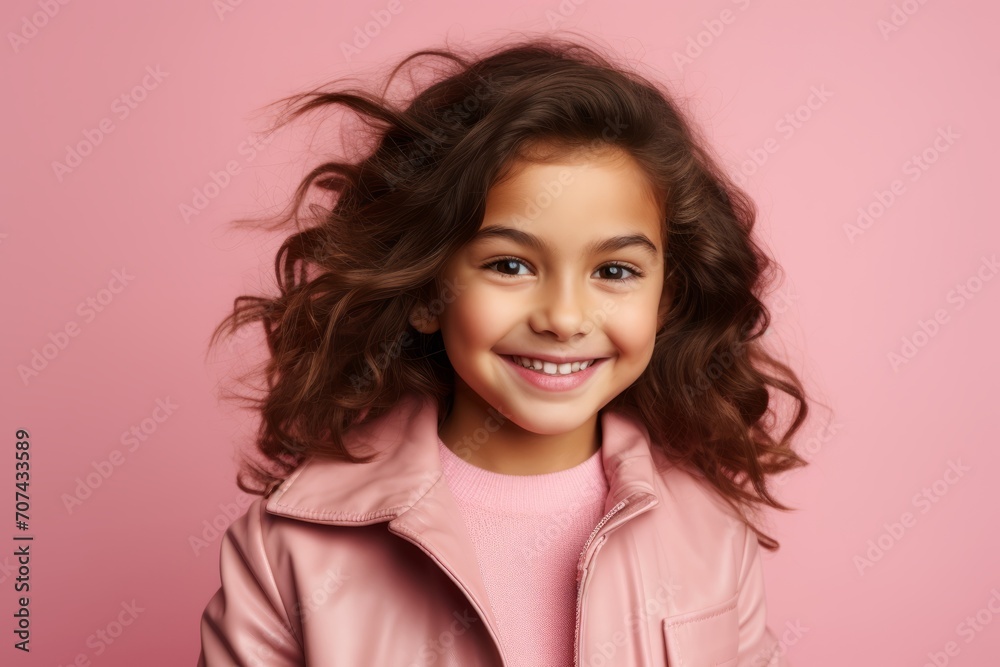 people, fashion and beauty concept - smiling little girl in pink jacket over pink background people, fashion and beauty concept - smiling little girl in pink jacket over pink background