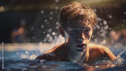young swimmer from learning his first strokes to competing in a regional swimming competition. generative ai © Francheska