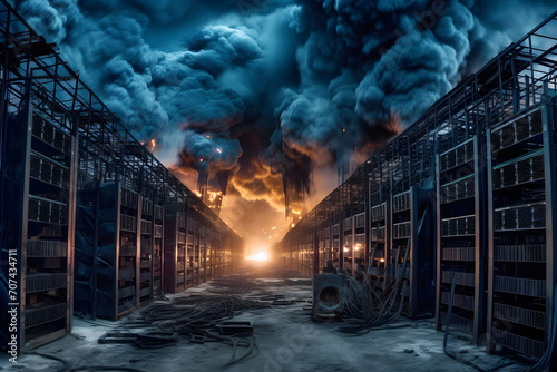 Decline or market crash concept. crypto farm on fire. Neural network AI generated art