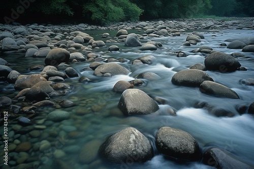Rocks scattered in flowing river. Generative AI