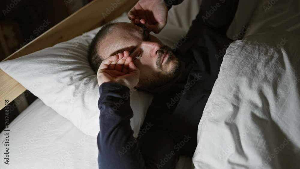 Bald hispanic man with beard lying in a bedroom, stretching hands upon waking up in a house during the morning. Bald hispanic man with beard lying in a bedroom, stretching hands upon waking up in a house during the morning.