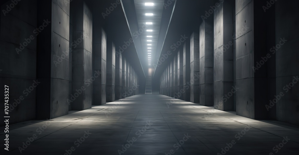 A black hallway with white lights beside it. generative AI