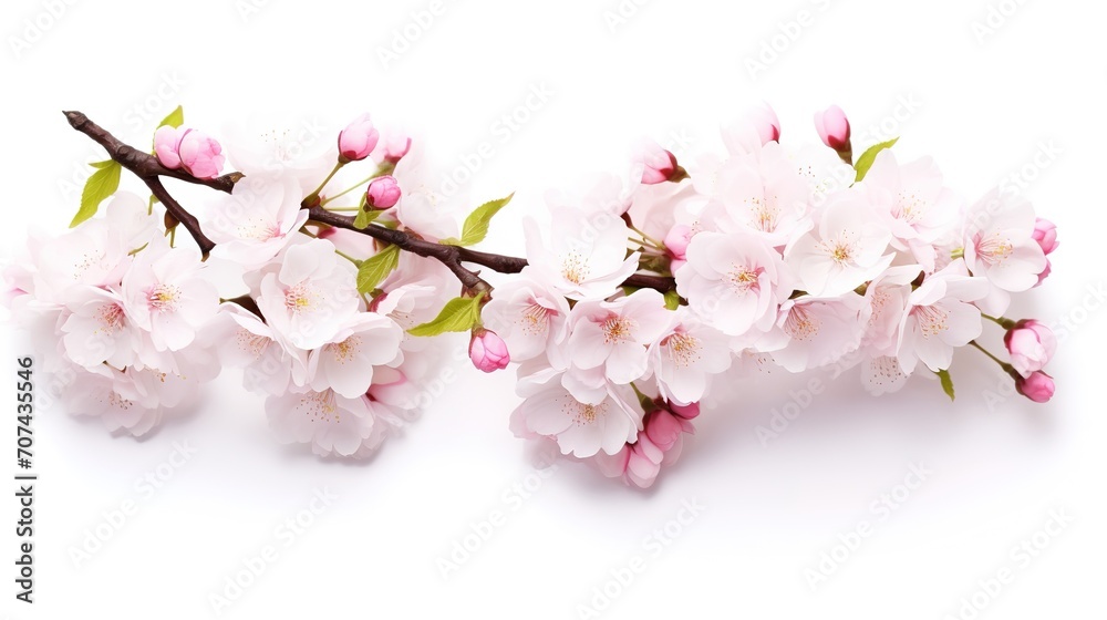 Spring sakura cherry blooming flowers bouquet. Isolated realistic pink petals, blossom, branches, leaves vector set. Design spring tree illustration, generative ai