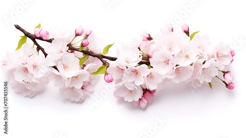 Spring sakura cherry blooming flowers bouquet. Isolated realistic pink petals, blossom, branches, leaves vector set. Design spring tree illustration, generative ai