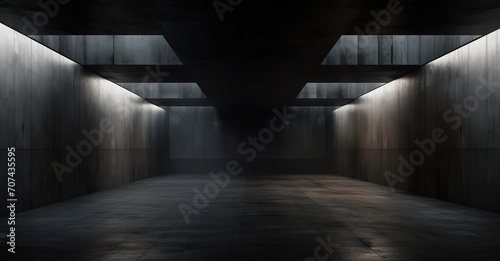 A black hallway with white lights beside it. generative AI