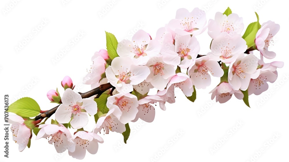 Spring sakura cherry blooming flowers bouquet. Isolated realistic pink petals, blossom, branches, leaves vector set. Design spring tree illustration, generative ai