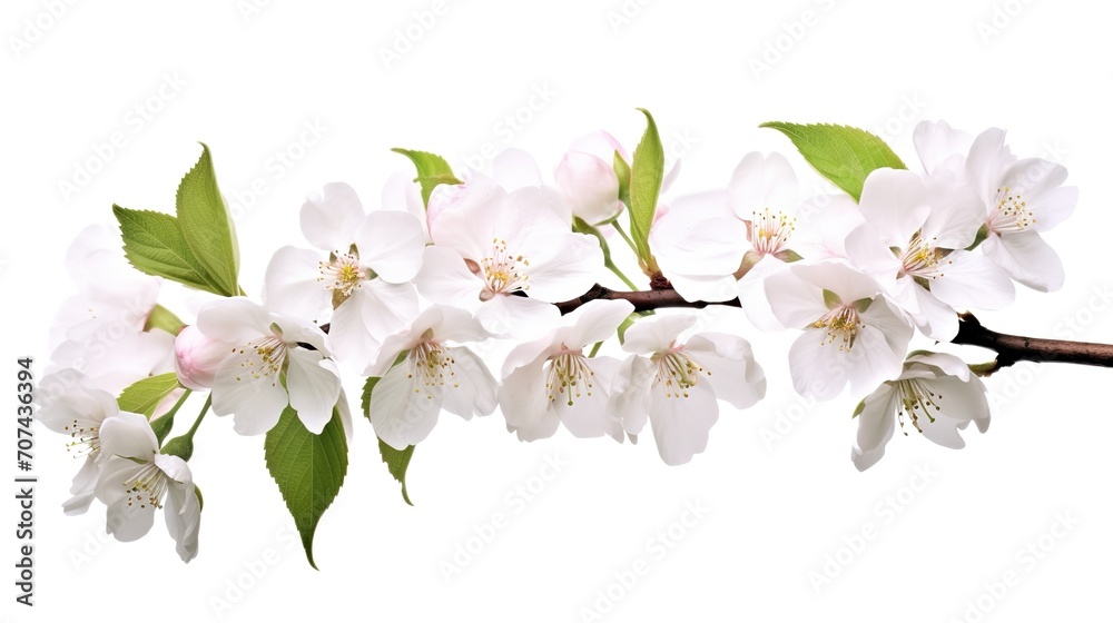 Fototapeta premium Spring sakura cherry blooming flowers bouquet. Isolated realistic pink petals, blossom, branches, leaves vector set. Design spring tree illustration, generative ai