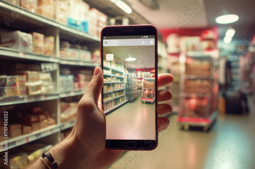 A close-up view of a hand holding a smartphone, capturing a grocery store aisle. Digital and physical realms in modern shopping experiences.