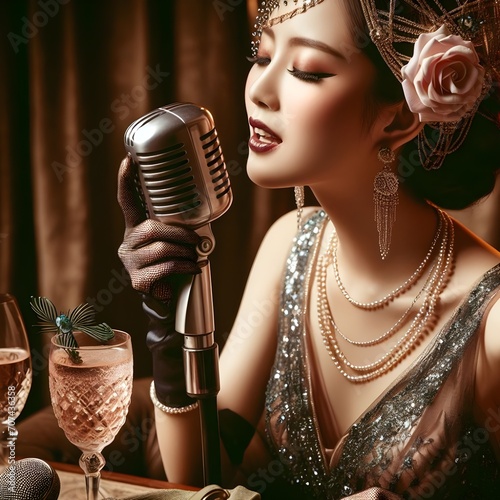 Elegant vintage retro lady portrait singing into a old microphone, sepia tone image with blurred background, old song concept photo