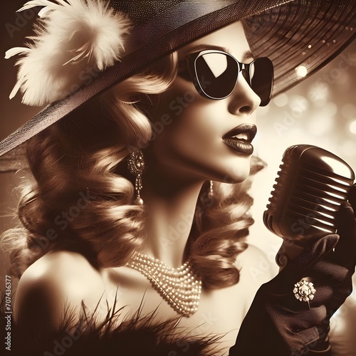Elegant vintage retro lady portrait singing into a old microphone, sepia tone image with blurred background, old song concept photo