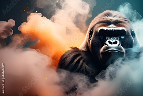 Gorilla with a creative animal concept. A figure surrounded by whirlwind smoke. Expressed in dynamic composition and dramatic lighting. Suitable for surrealist advertising generative ai