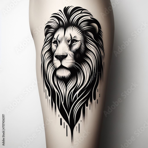 Blackwork Leo Zodiac Sign Tattoo Design. Sketch of a tribal lion tattoo. Lion head black and white drawing, ink sketch, tattoo, logo design. Leo zodiac sign, Horoscope symbol. Leo tattoo on a leg photo