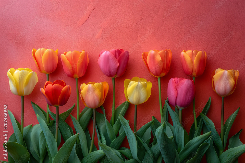 Vibrant Tulips on Red: A Floral Array