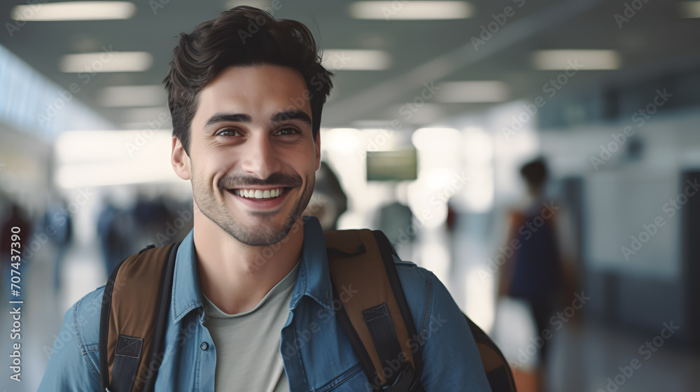 young man with a big smile about to board a plane at the airport young man with a big smile about to board a plane at the airport