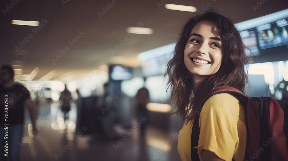 a young woman with a big smile about to board a plane at the airport.